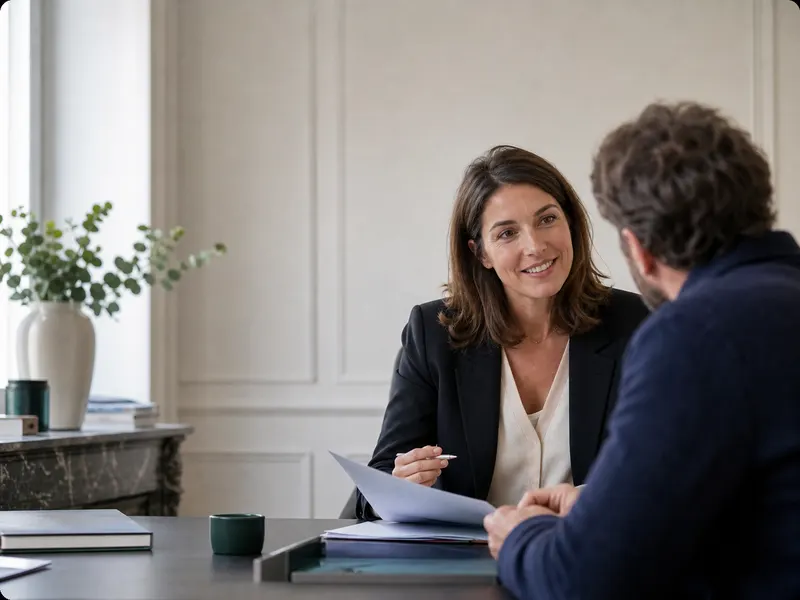 Une avocate échange avec un client dans un bureau lumineux