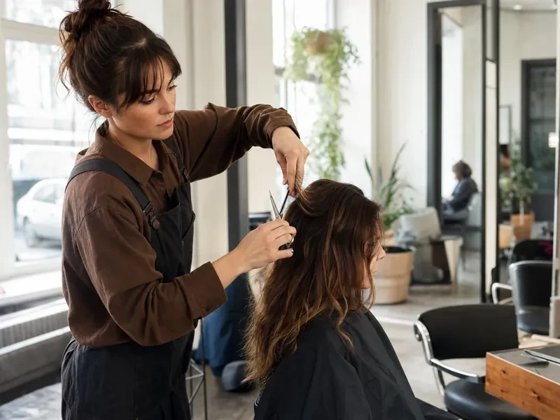 Une coiffeuse coupe les cheveux d'une cliente dans son salon