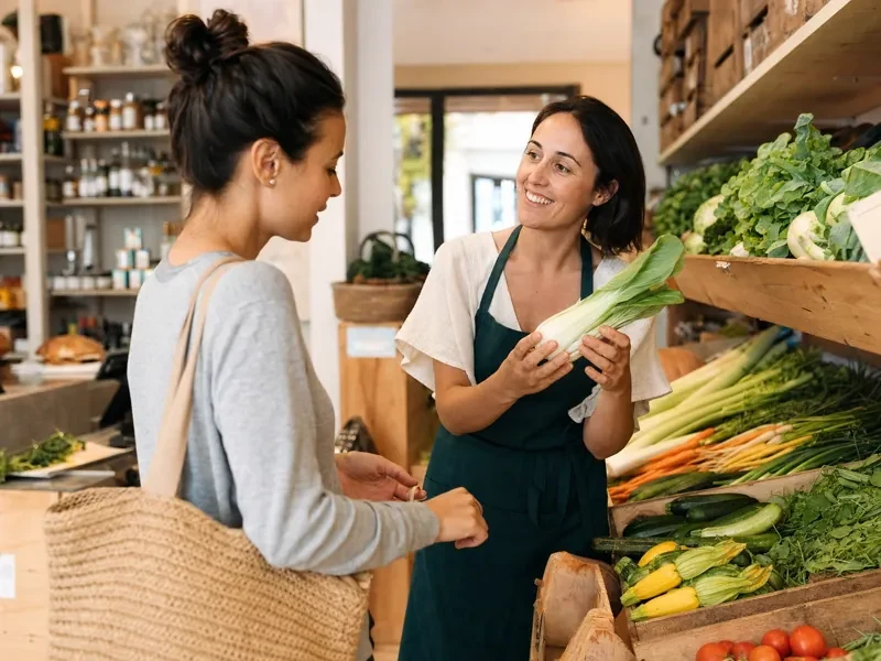 Une commerçante conseille une cliente dans une épicerie de quartier