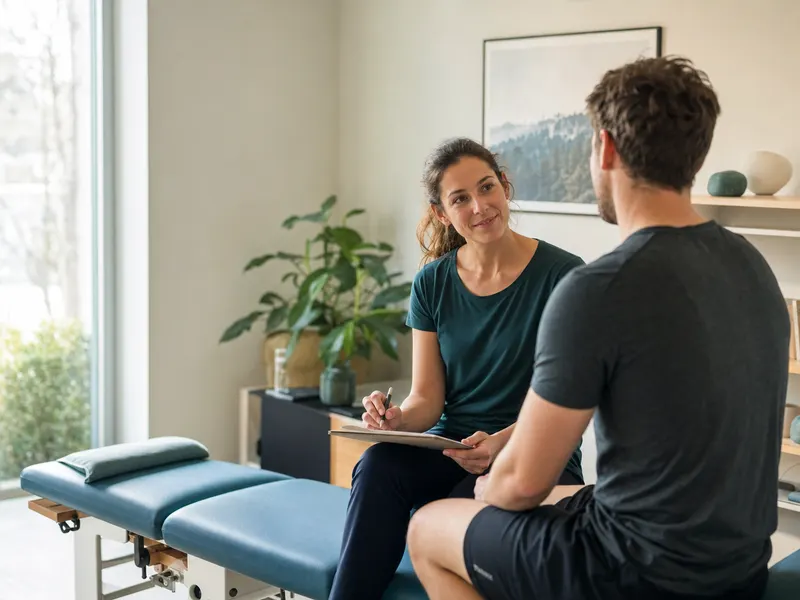 Une kinésithérapeute échange avec un patient dans son cabinet