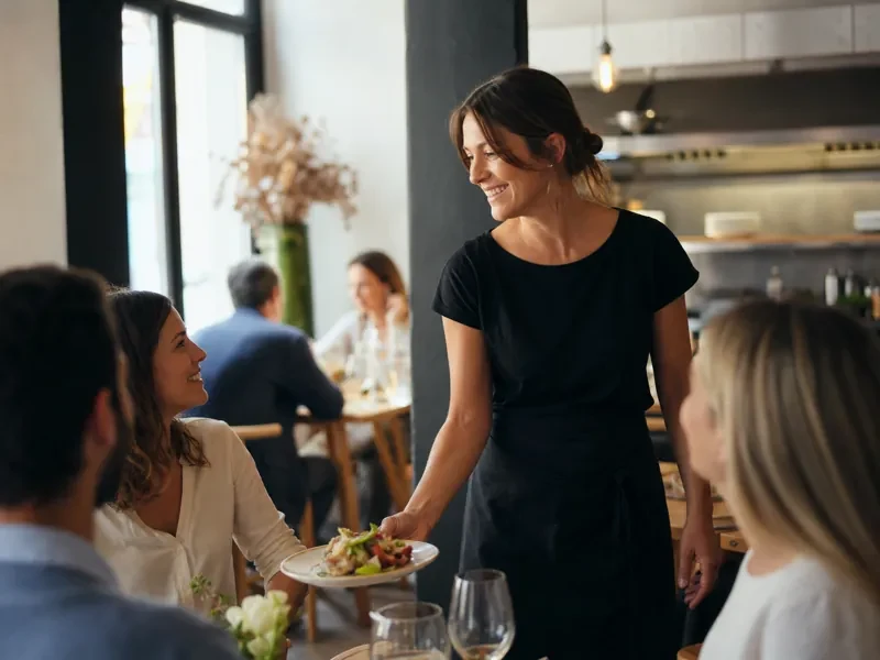 Une restauratrice apporte une assiette à des clients dans sa salle