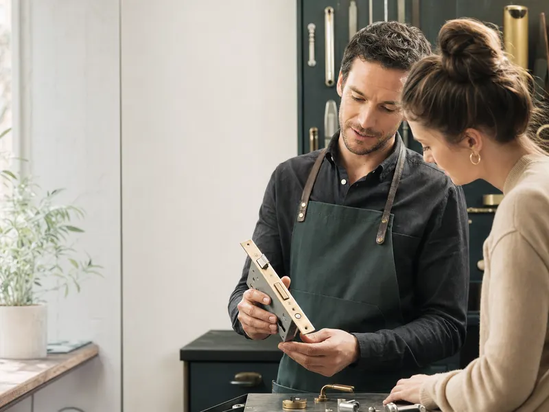 Un serrurier présente une serrure à une cliente dans son atelier