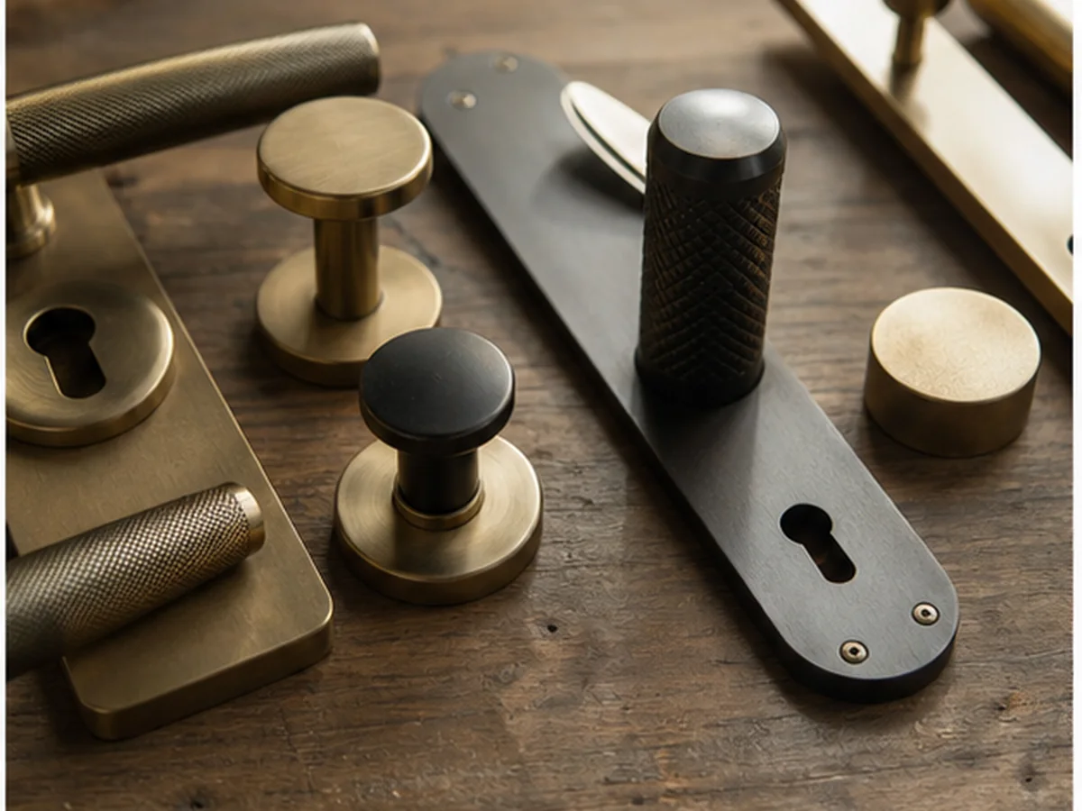 Quincaillerie de porte préparée sur un établi
